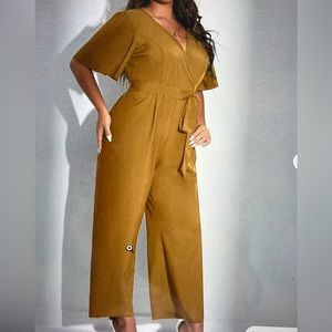 SHEIN Unity Plus Surplice Camel color Front Belted Jumpsuit
